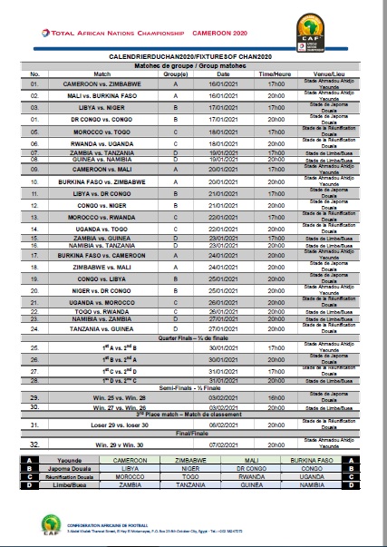 CHAN Cameroun 2020 : Le calendrier complet de la compétition est connu CHAN Cameroun 2020 : Le calendrier complet de la compétition est connu
